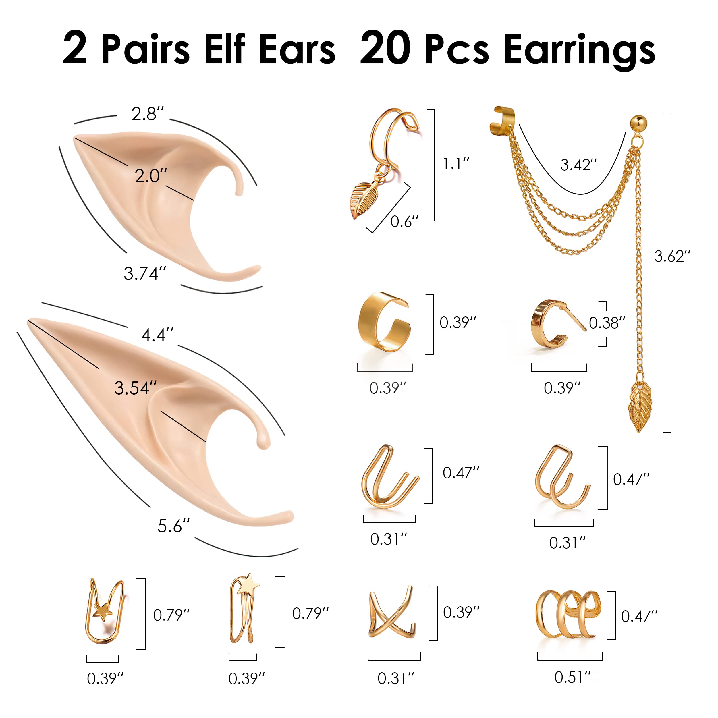 FRESHME Elf Ears with Piercings Earring Cuffs Set, Soft Fairy Elf Ears with Non-Piercing Gold Earrings Tassel Chain Cartilage Cl