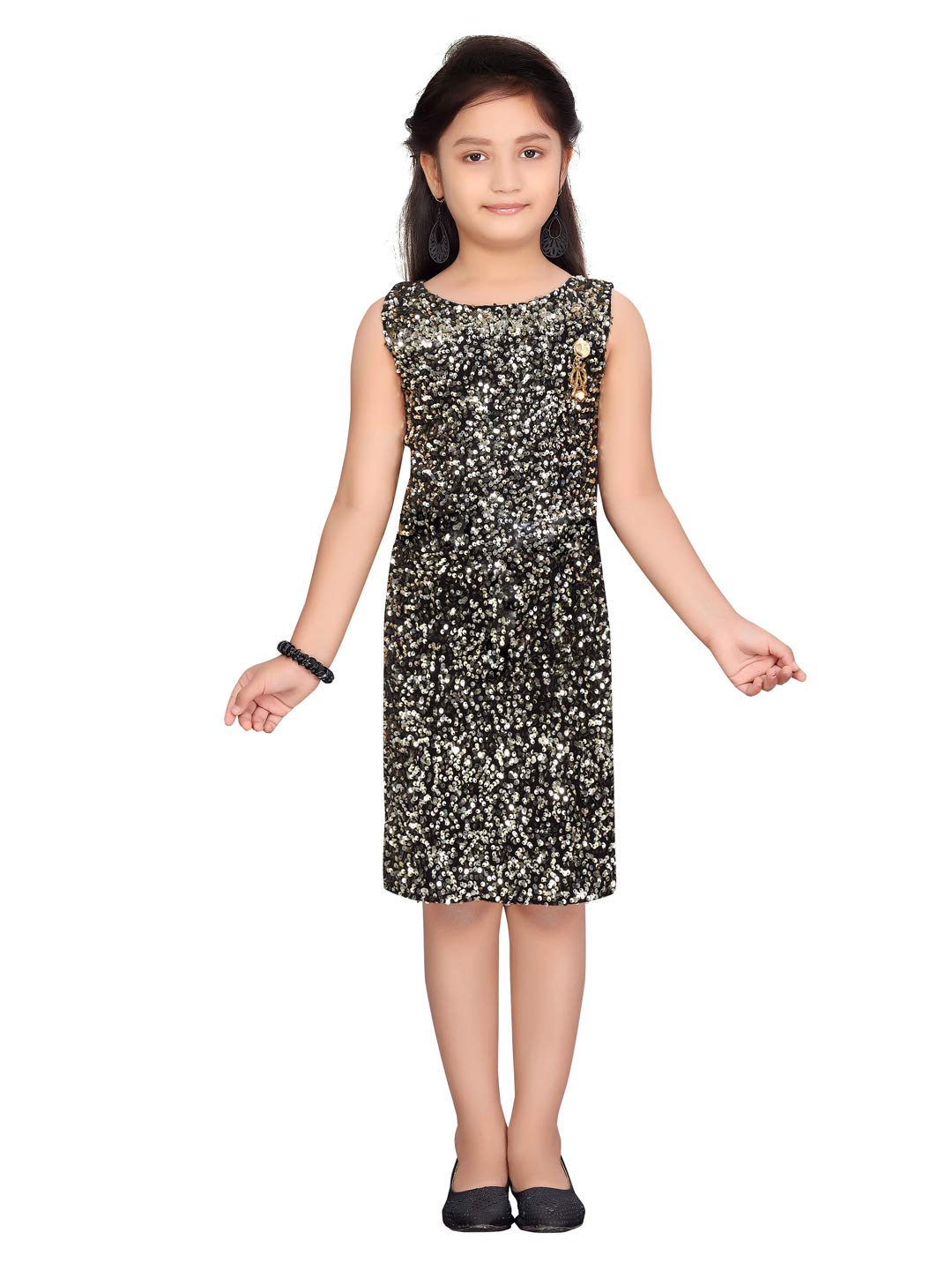 Aarika Girls Cotton Blend Skater Knee-Length Dress (DDR-1600_Gold_28)