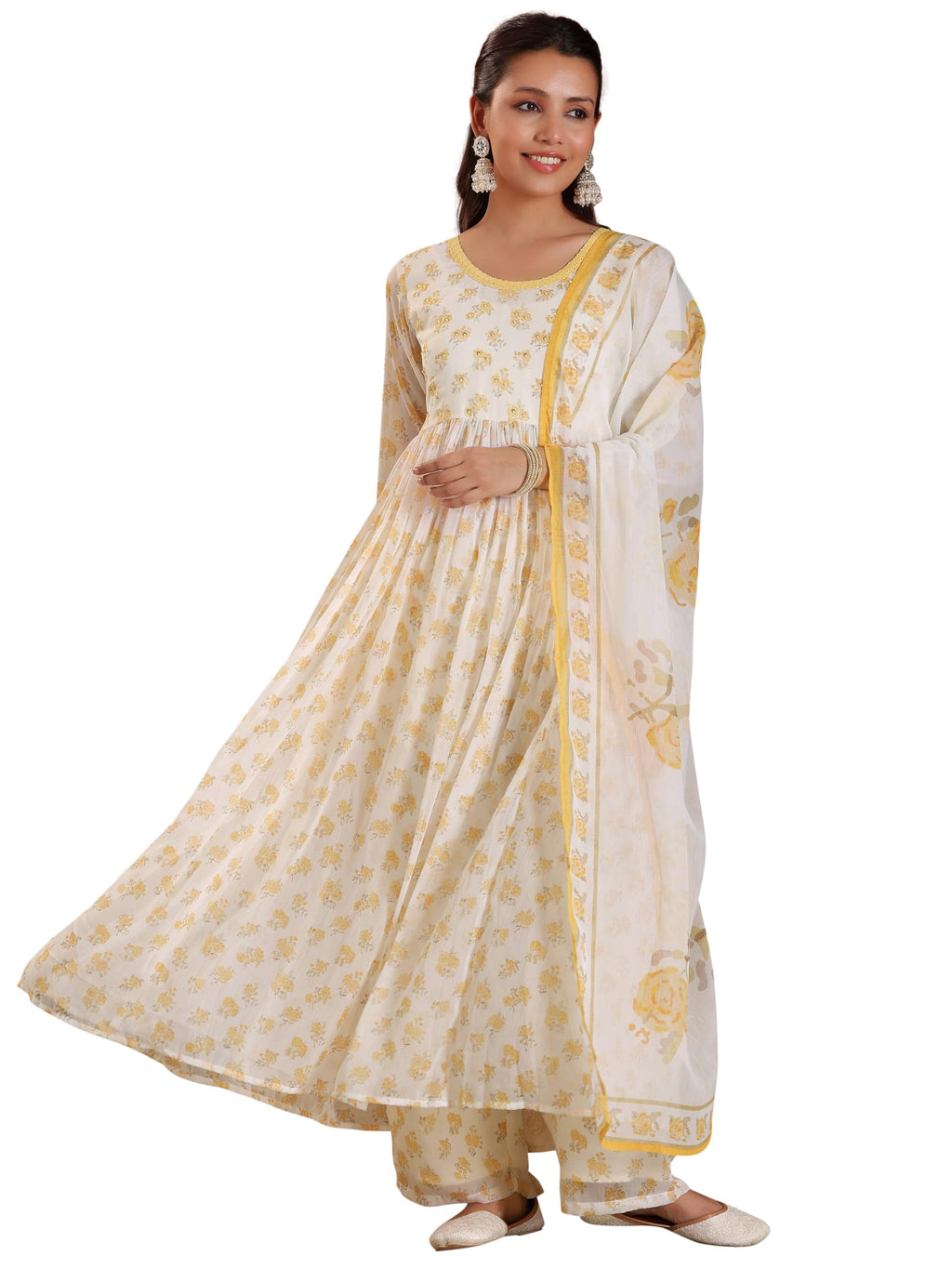 Libas Womens Printed Chiffon A-Line Kurta With Palazzos And Dupatta