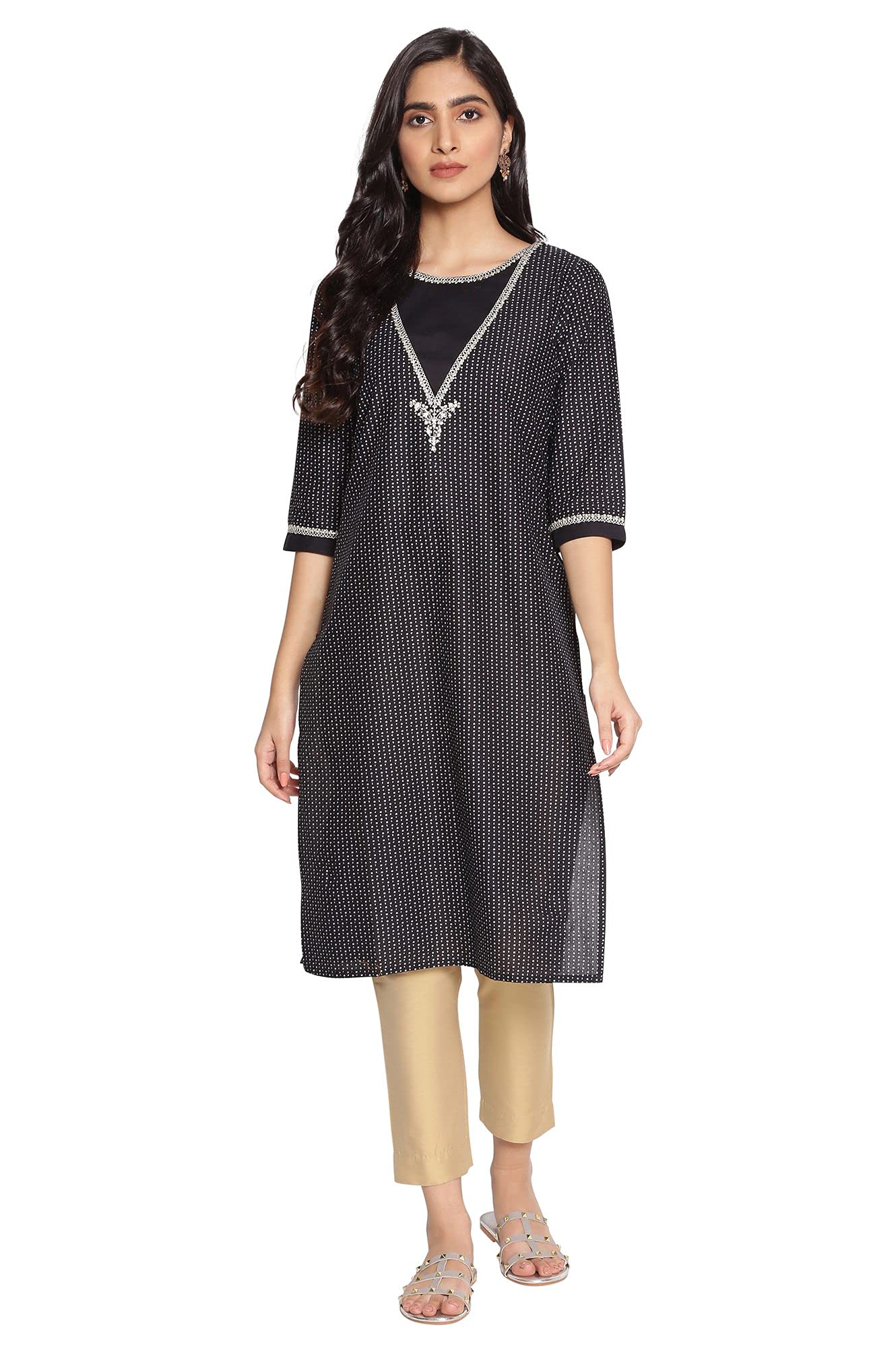 W For Woman Black Mock Neck Straight Kurta_21Auw16543-116839_S