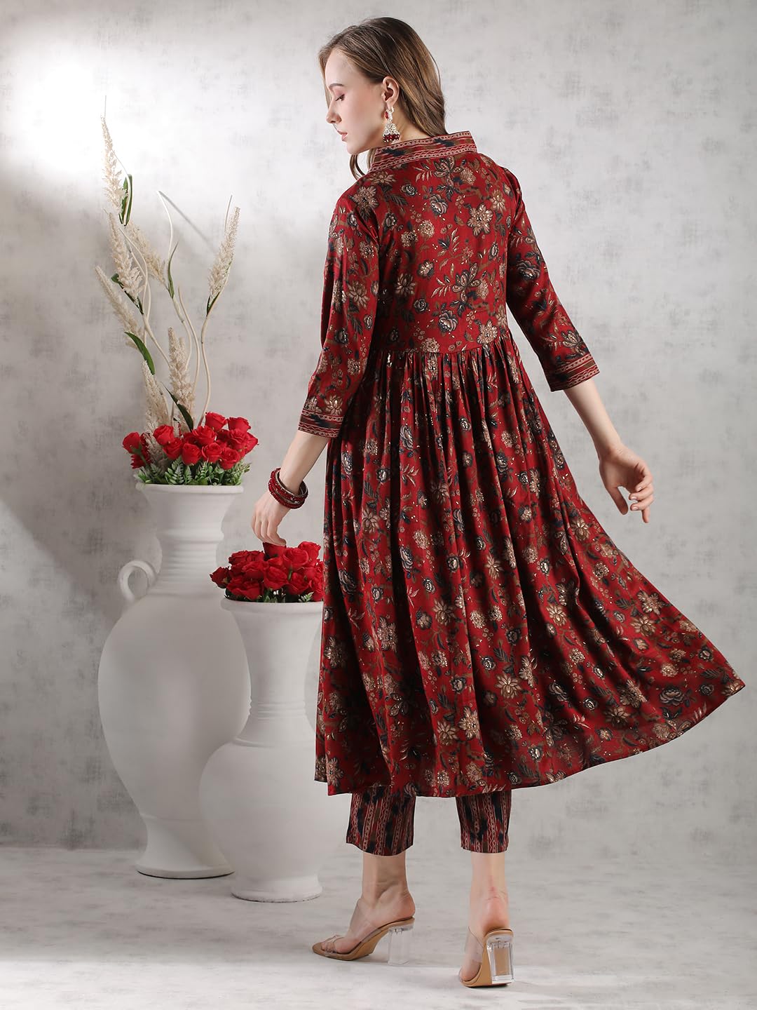 ANNI DESIGNER Womens Rayon Blend Anarkali Printed Regular Fit Kurta with Pant (Gunba Maroon_XXL_Maroon_XX-Large)