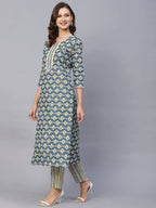 ANNI DESIGNER Womens Cotton Blend Straight Printed Kurta with Pant Set (Tbh Blue_3XL_Blue_XXX-Large)