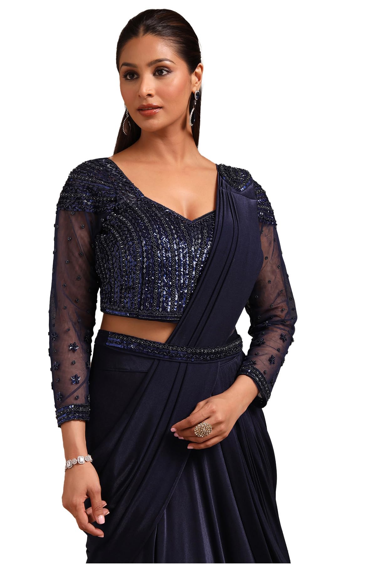 Soch Women Nylon Blend Solid Ready-to-Wear Saree