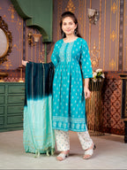 Aarika Girls Ethnic Wear Sea Green-Off White Colour Foil Print Rayon Kurti Pant Set-8-15 Years (Kp-Sd-5889)