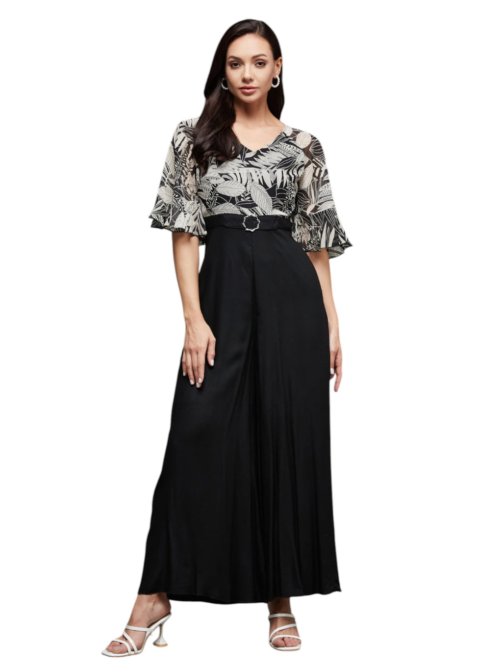 Miss Chase Womens V Neck Ruffled Sleeve Wide Leg Printed Jumpsuit (MCSS25D93-81-62-02, Black, XS)