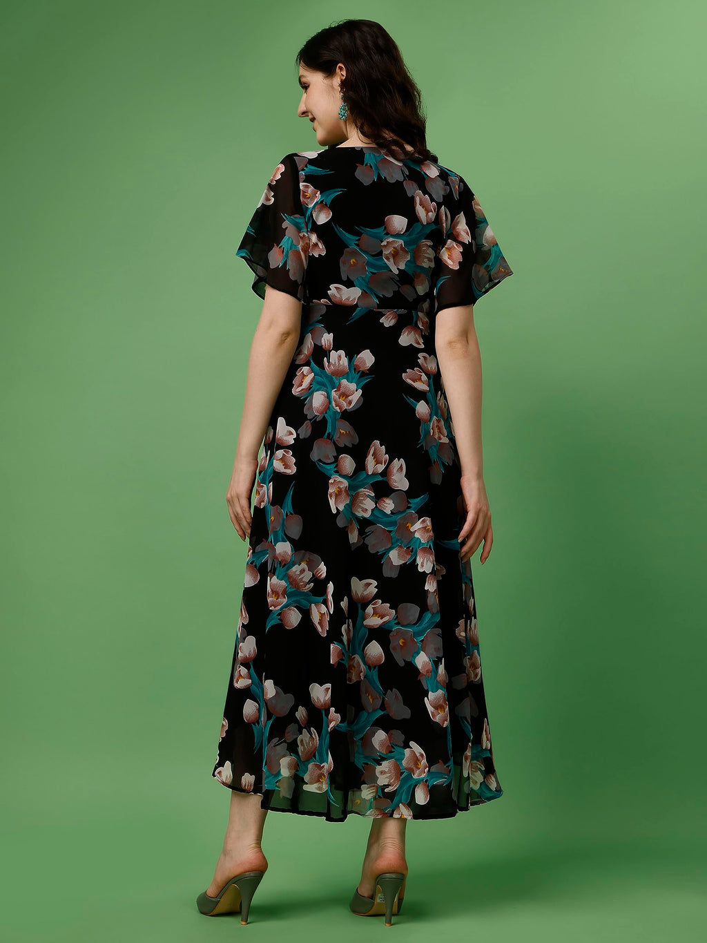 Fashion2Wear WomenS Georgette Midi Dress With V Neck Floral Printed A Line Style Knee Length Half Ruffle Sleeves And Regular Fi