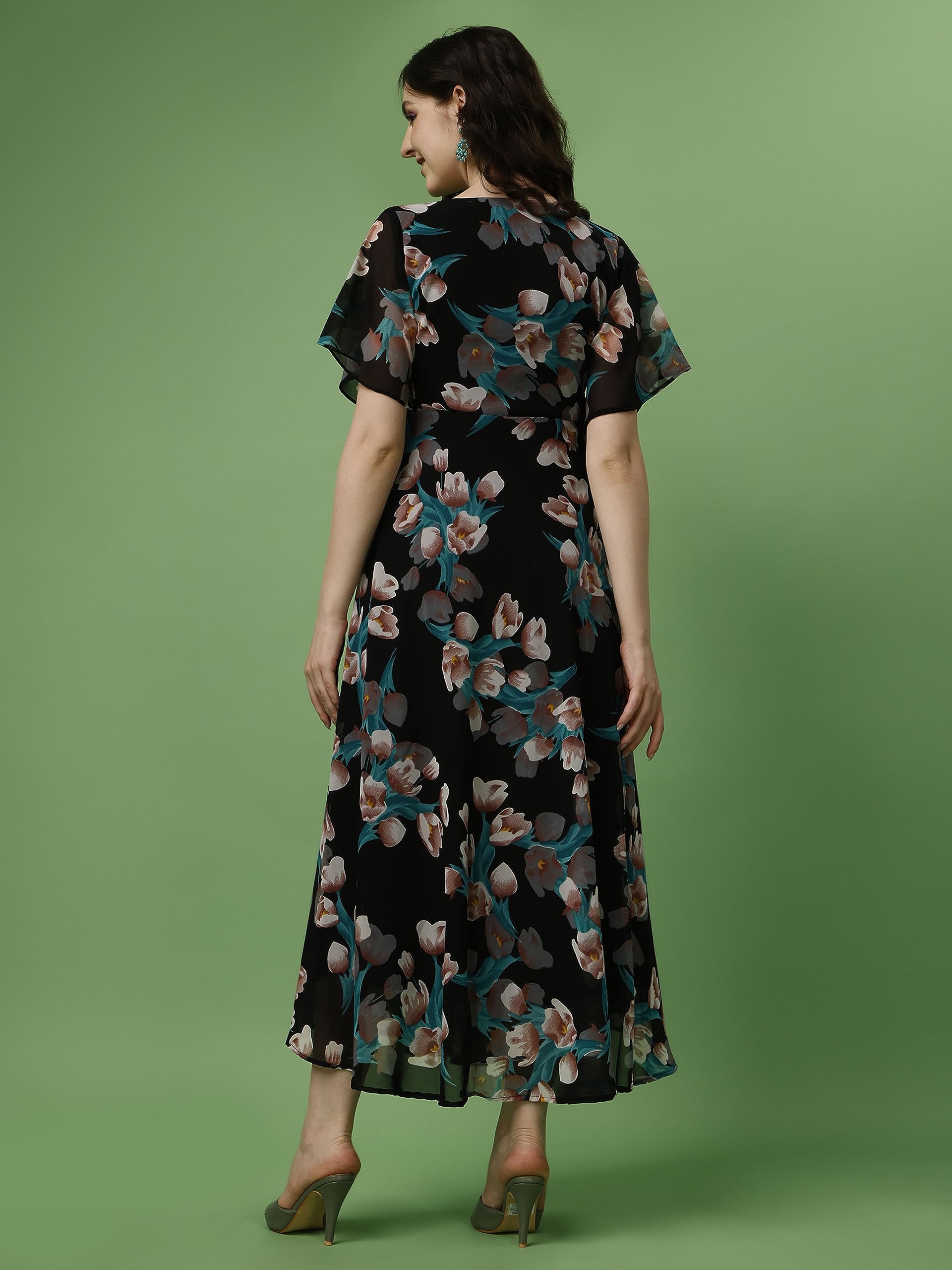 Fashion2Wear WomenS Georgette Midi Dress With V Neck Floral Printed A Line Style Knee Length Half Ruffle Sleeves And Regular Fi