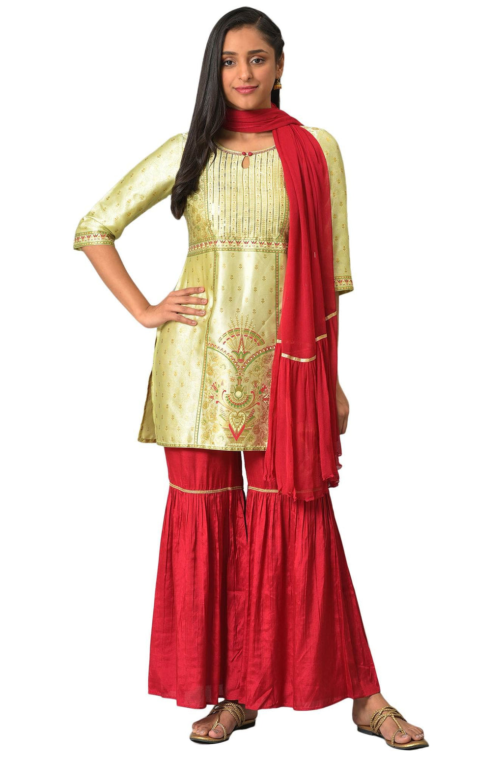 Aurelia Green Floral Printed Foil Sequin Kurta Dupatta Bottomwear