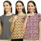 Pinkmint Womens Printed Combo Tops ll Regular Fit Ruffle Trim Petal Sleeve ll Fancy Girls Top (Pack of 3)