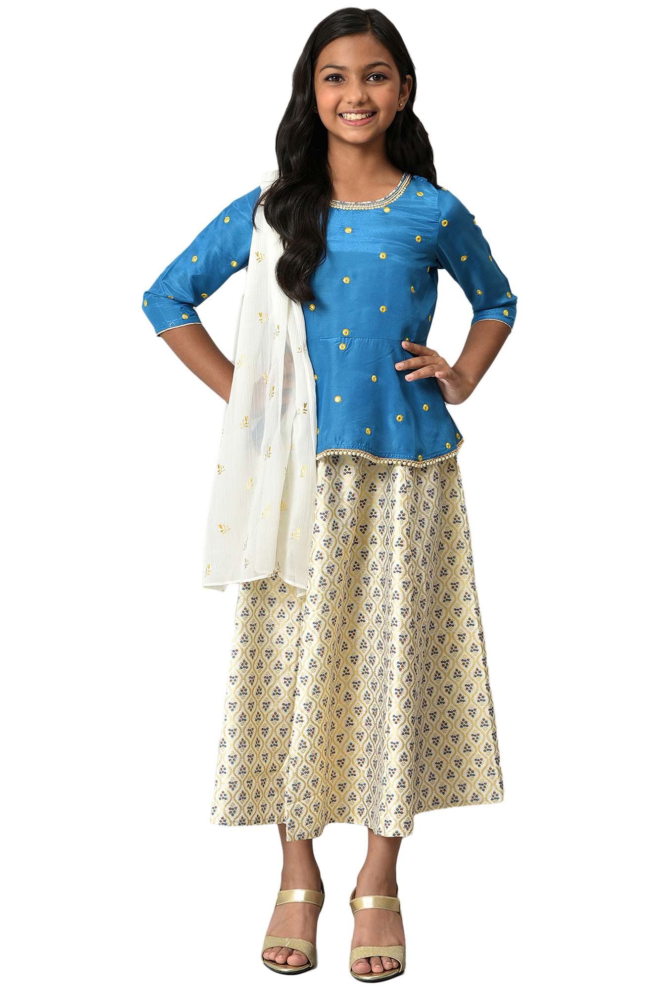 Aurelia Girls Polyester Kurta-Flared Skirt-Dupatta (22AUG10204A-604509_Blue
