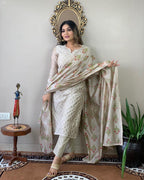 ANNI DESIGNER Womens Cotton Blend Embroidered Straight Kurta with Pant & Dupatta (MYSURU-Cream-Nw_XL_Cream_X-Large)