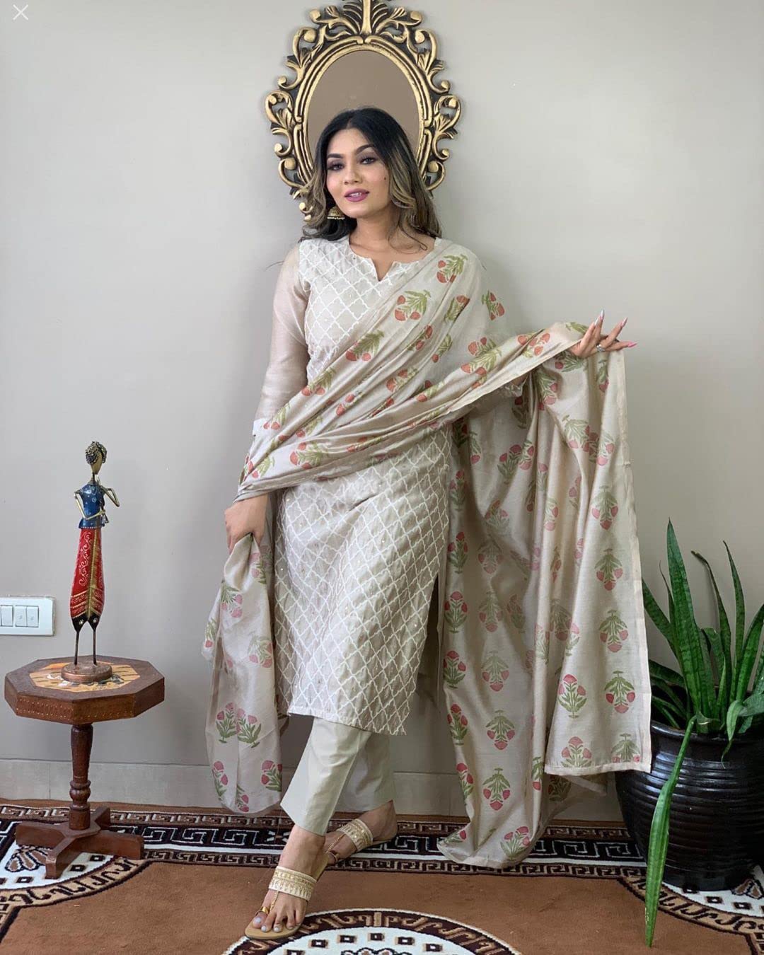 ANNI DESIGNER Womens Cotton Blend Embroidered Straight Kurta with Pant & Dupatta (MYSURU-Cream-Nw_S_Cream_Small)