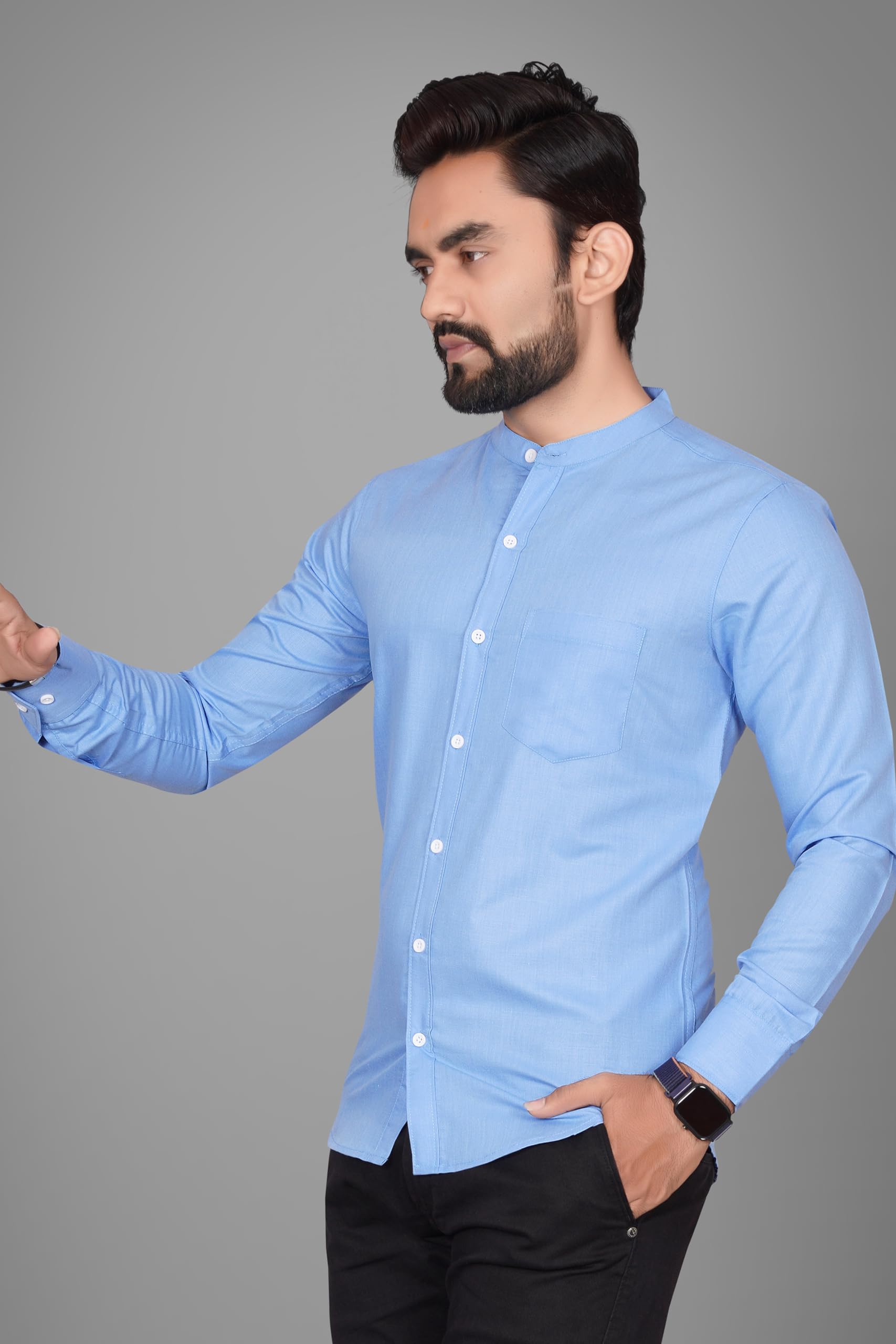 Besix MenS Regular Fit Solid Cotton Shirt | Chinese Collar | Casual | Plain | Branded | Mandarin Collar | Full Sleeve | Summer