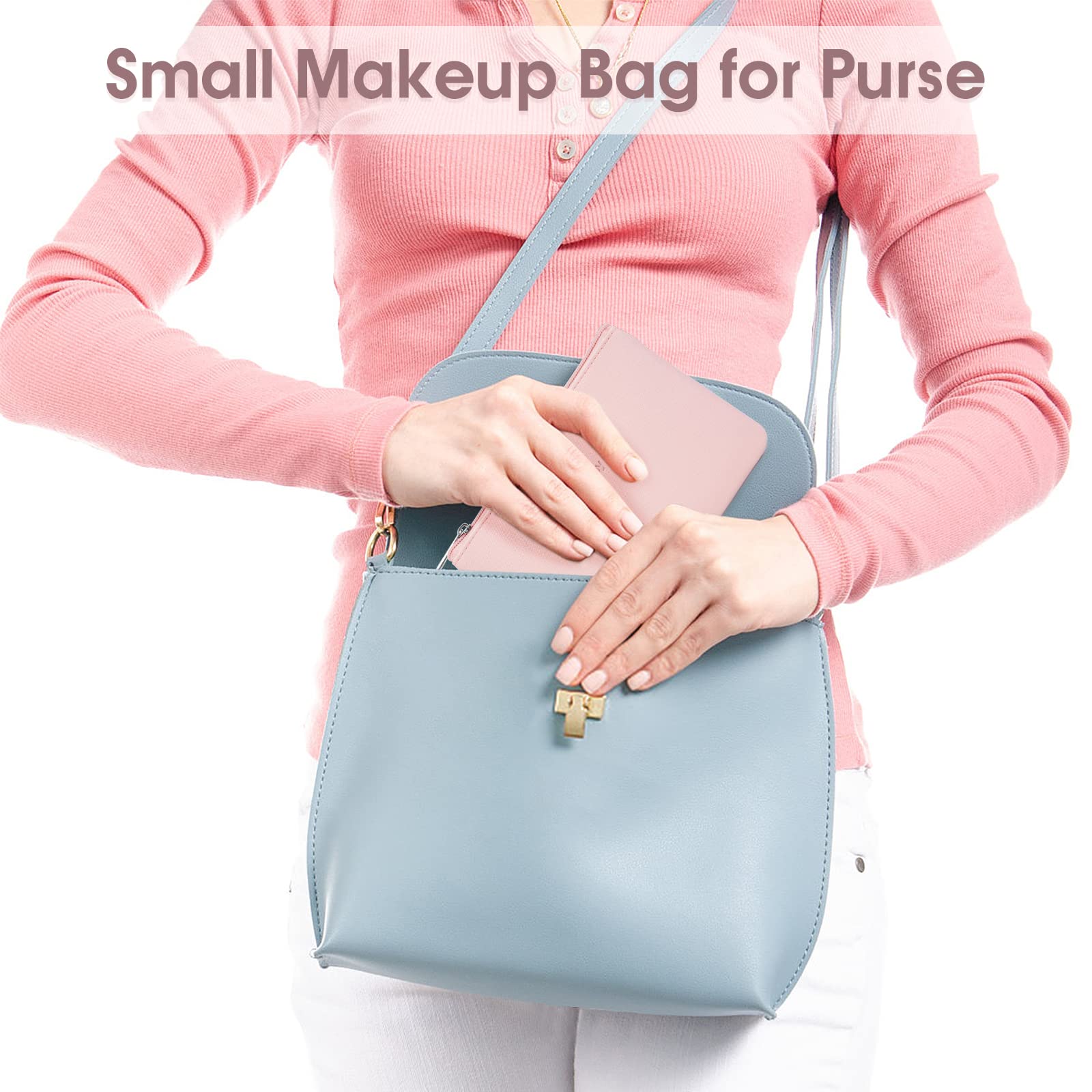 Narwey Small Makeup Bag for Purse Vegan Leather Travel Makeup Pouch Mini Cosmetic Bag Zipper Pouch for Women