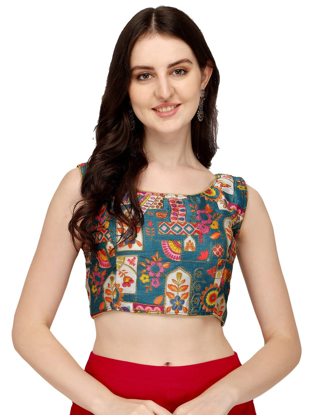 Pujia Mills Womens Phantom Silk Floral Sleeveless Saree Blouse (Sky Blue, 36)