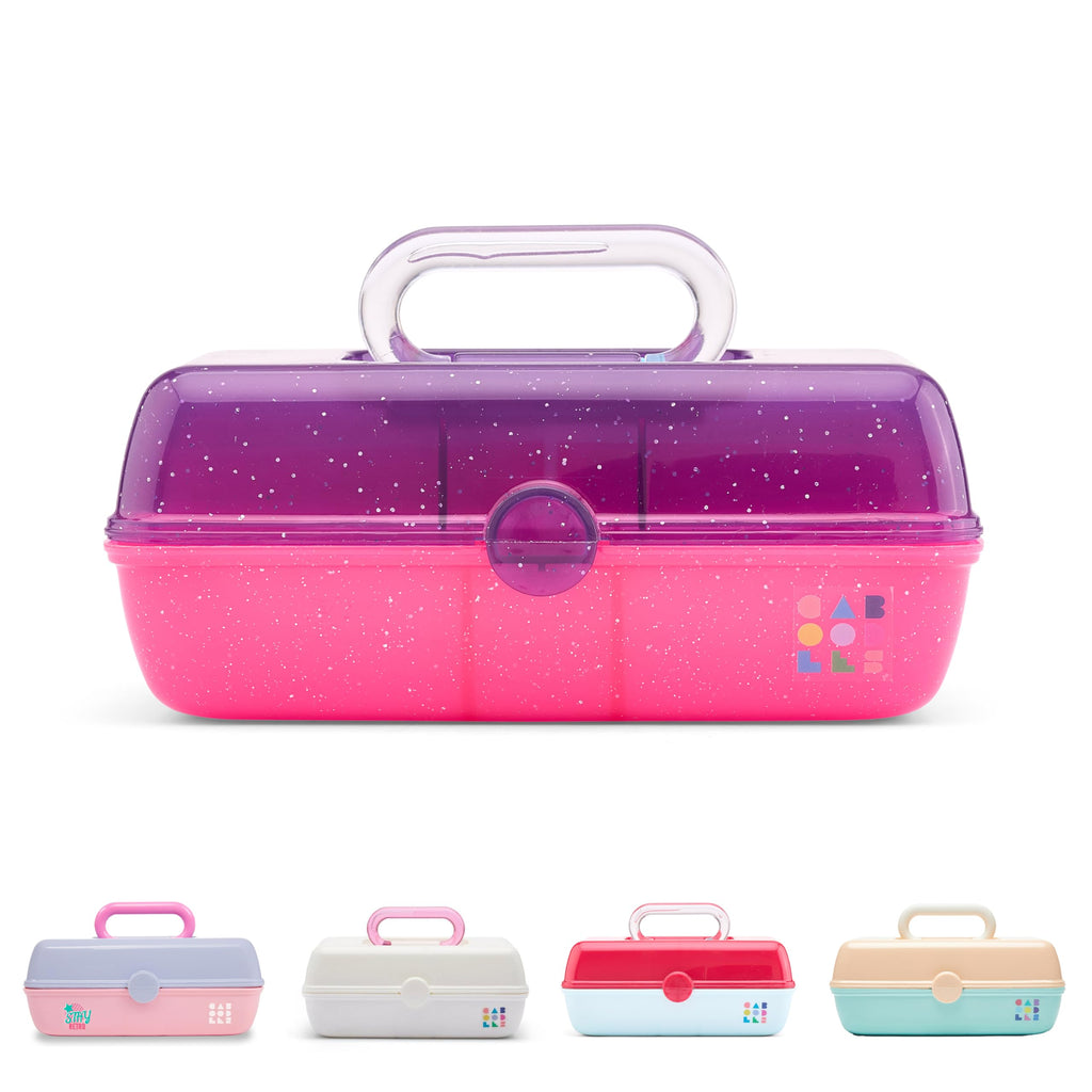 Caboodles Pretty in Petite Makeup Box, Two-Tone Purple Sparkle on Pink Sparkle, Hard Plastic Organizer Box, 2 Swivel Trays, Fash
