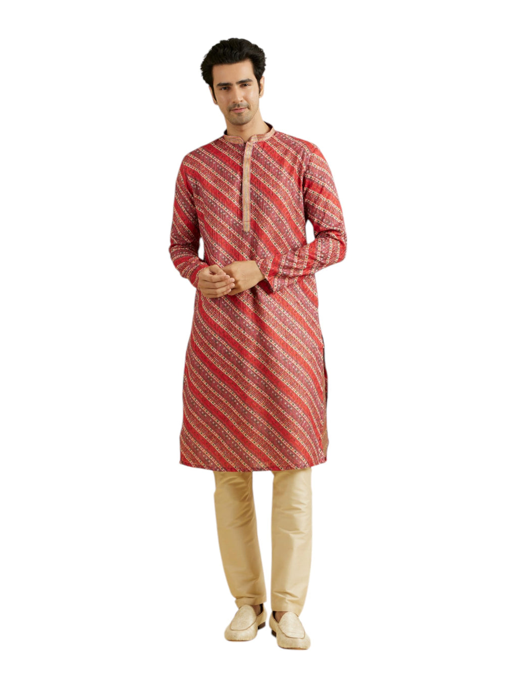 Manyavar Mens Cotton Blend Diagonal Print Kurta Pyjama Set (Orange,XL)