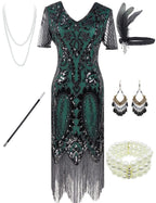 Fancy Clothing Women's 1920s Gatsby Inspired Sequin Beads Long Fringe Flapper Dress w/Accessories Set (Medium, Style09-Black&Gre