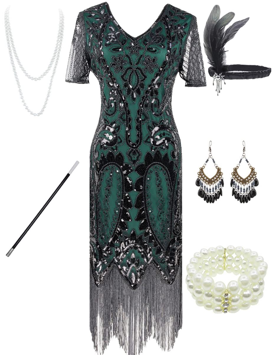 Fancy Clothing Women's 1920s Gatsby Inspired Sequin Beads Long Fringe Flapper Dress w/Accessories Set (Medium, Style09-Black&Gre
