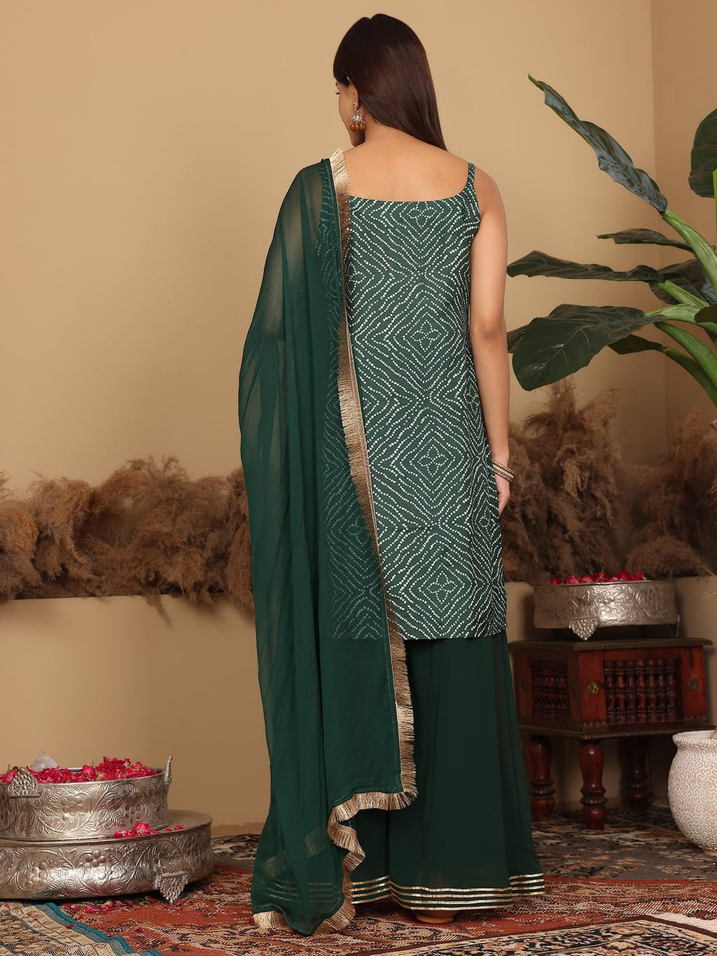 Varanga Womens Green Bandhini Printed Kurta Paired With Sharara And Dupatta