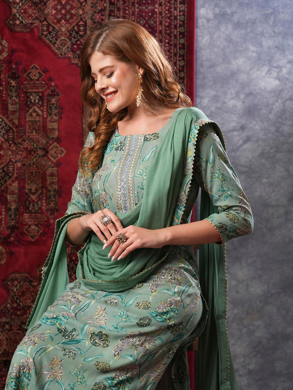 ANNI DESIGNER Women s Kurta Rayon Blend Pants with Dupatta, Green, S