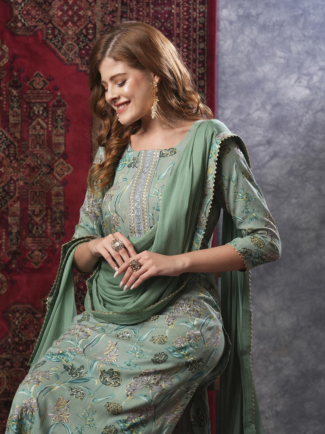 ANNI DESIGNER Women s Kurta Rayon Blend Pants with Dupatta, Green, S