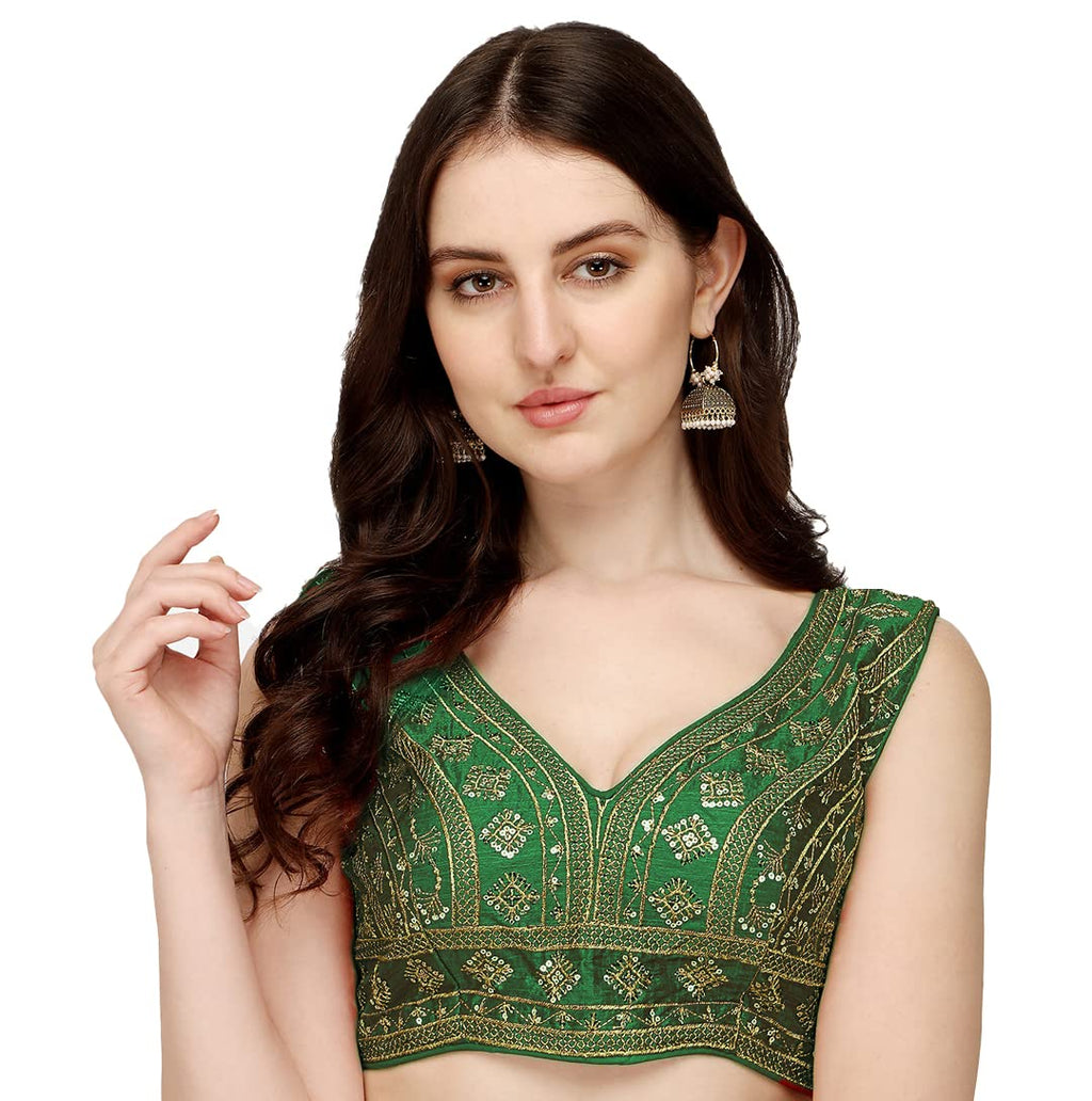 Pujia Mills Womens Silk Embroidery Sleeveless Sequins Zari Work Readymade Saree Blouse (Radha Krishna 11_Pink_38)