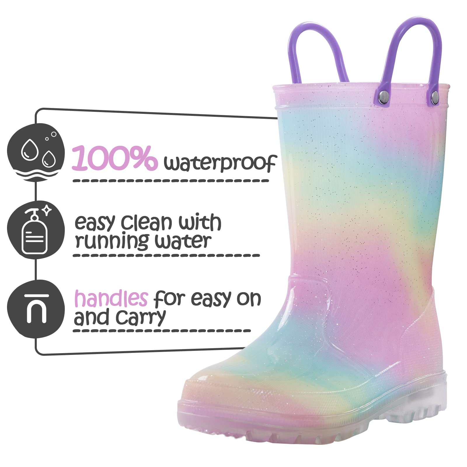 K KomForme Toddler Light Up Rain Boots Patterns and Glitter Rain Boots for Girls Boys with Handles,Aurora Gradient,10