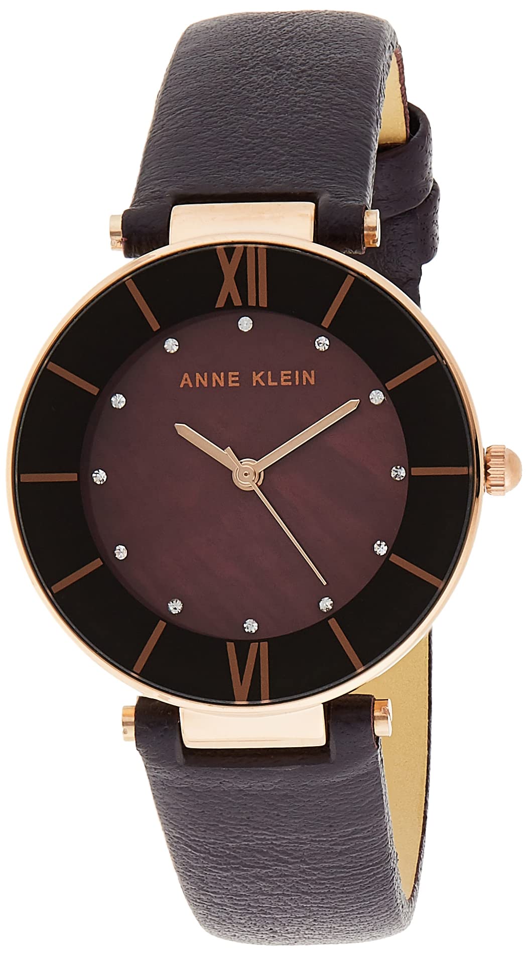 Anne Klein Women's AK/3272RGPL Premium Crystal Accented Rose Gold-Tone and Dark Plum Leather Strap Watch