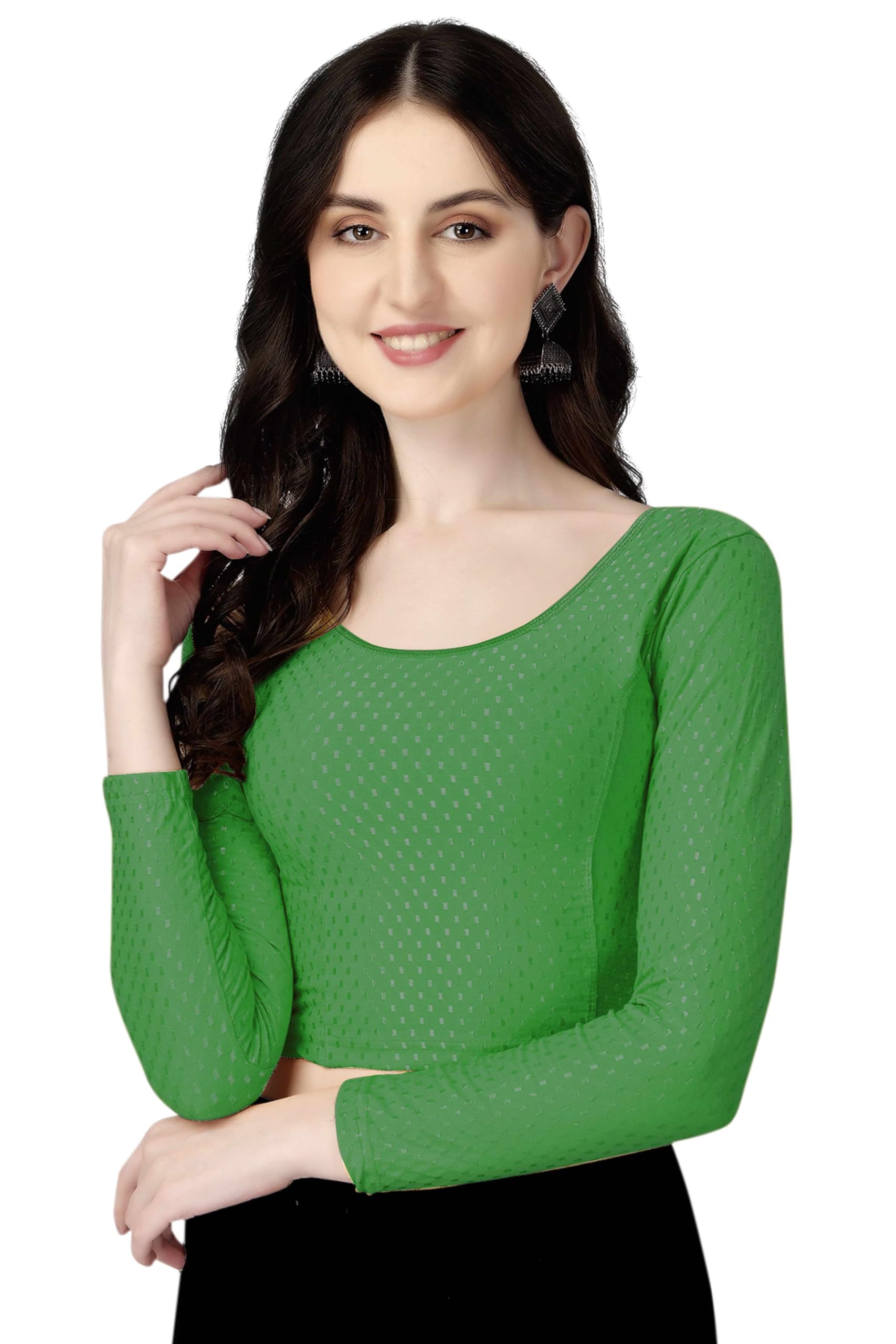 Shiv Textiles Round Neck Dobby Cotton Lycra Stretchable Elbow Sleeve Readymade Saree Blouse For Women Stylish (Greenfree Size Fu