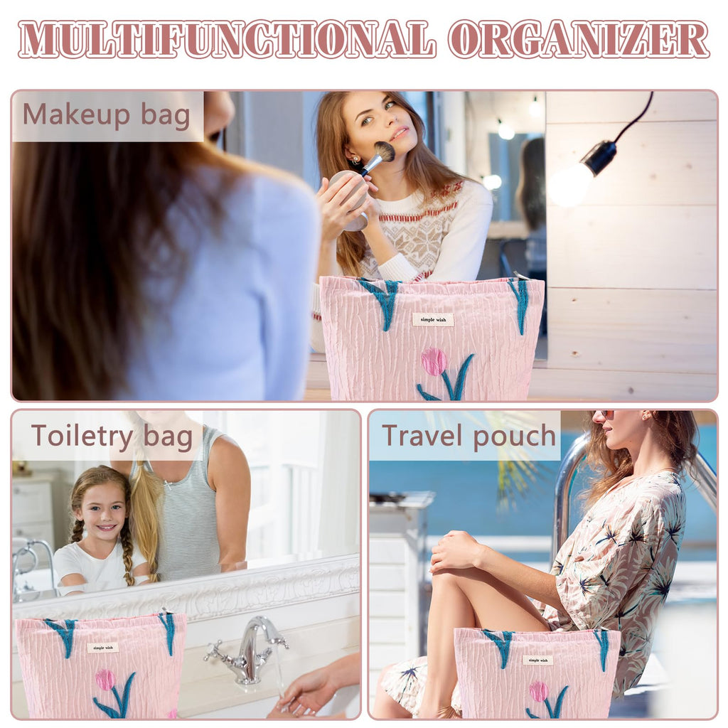 ZLFSRQ Tulip Makeup Bag Travel Cute Pink Flower Floral Cosmetic Bags for Women Large Embroidery Makeup Pouch Zipper Cosmetic Pou