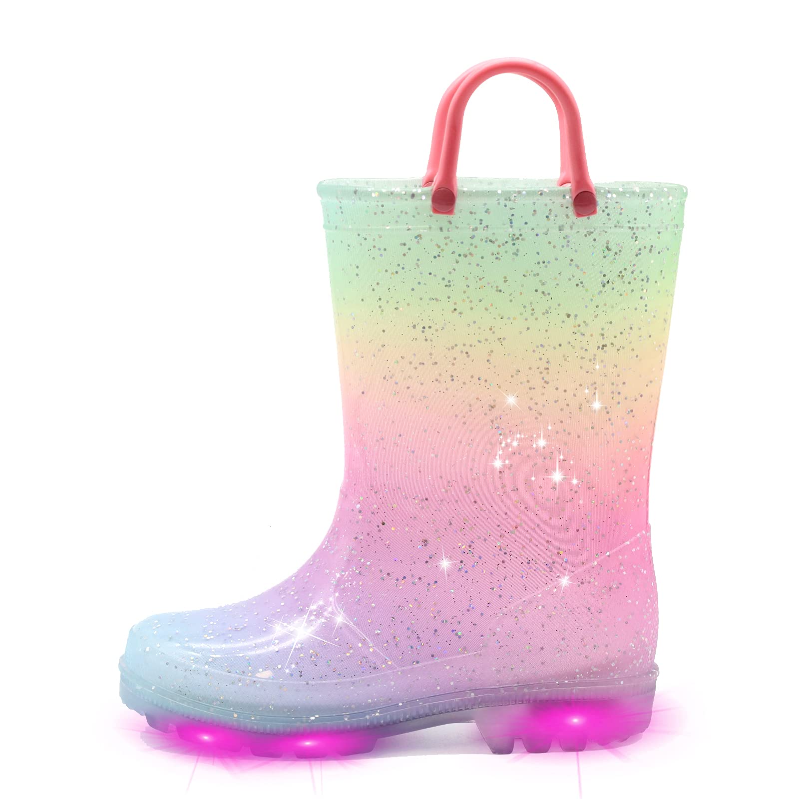 EUXTERPA Toddler-Kids Waterproof Light Up Rain Boots Patterns and Glitter Boots with Handles for Girls Little Kid Size 12 Pink G
