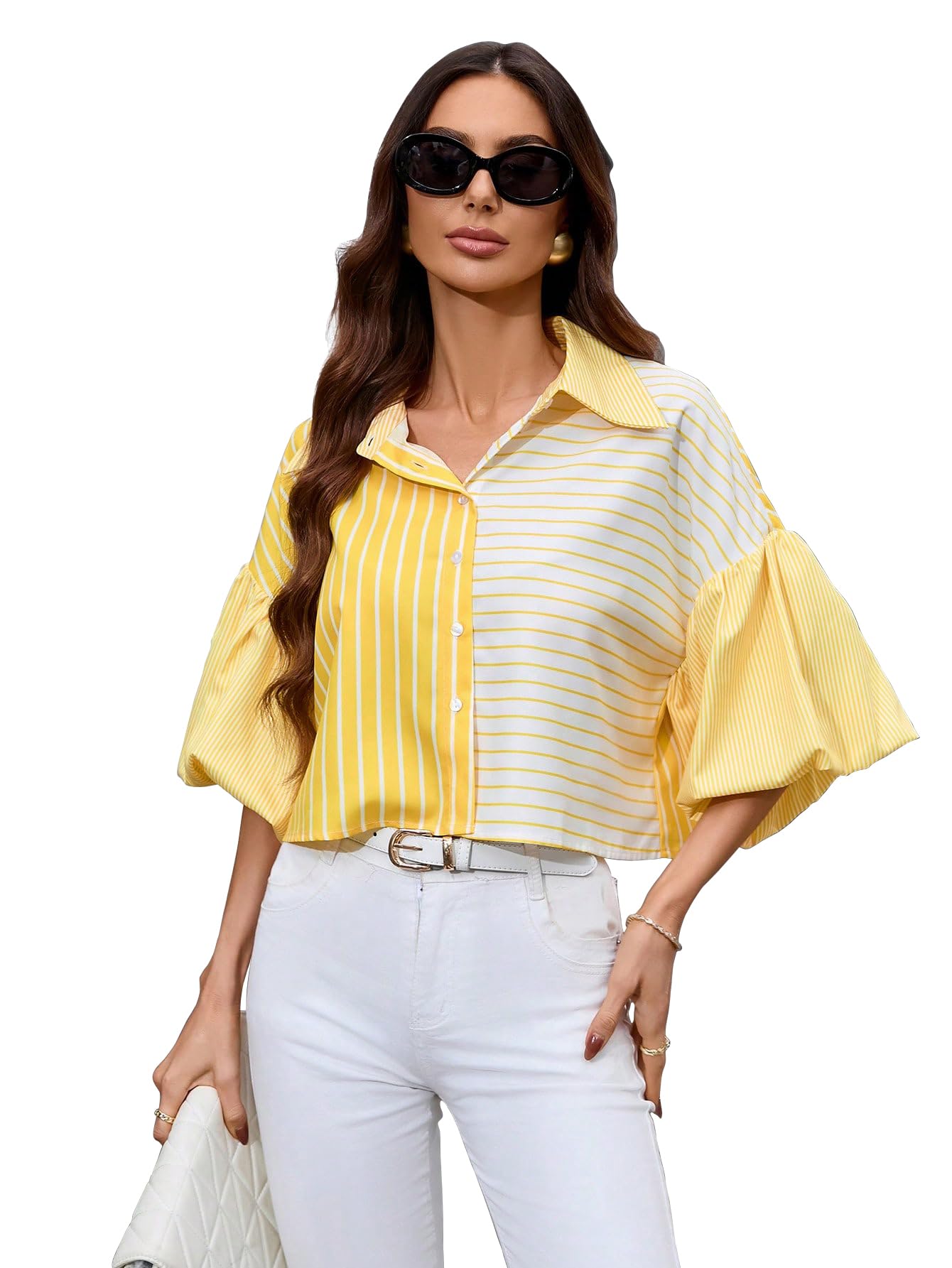 Shasmi Womens Random Striped Print Button Up Casual Shirt with Lapel Collar, Womens Fashion Striped Design Versatile Short Bat