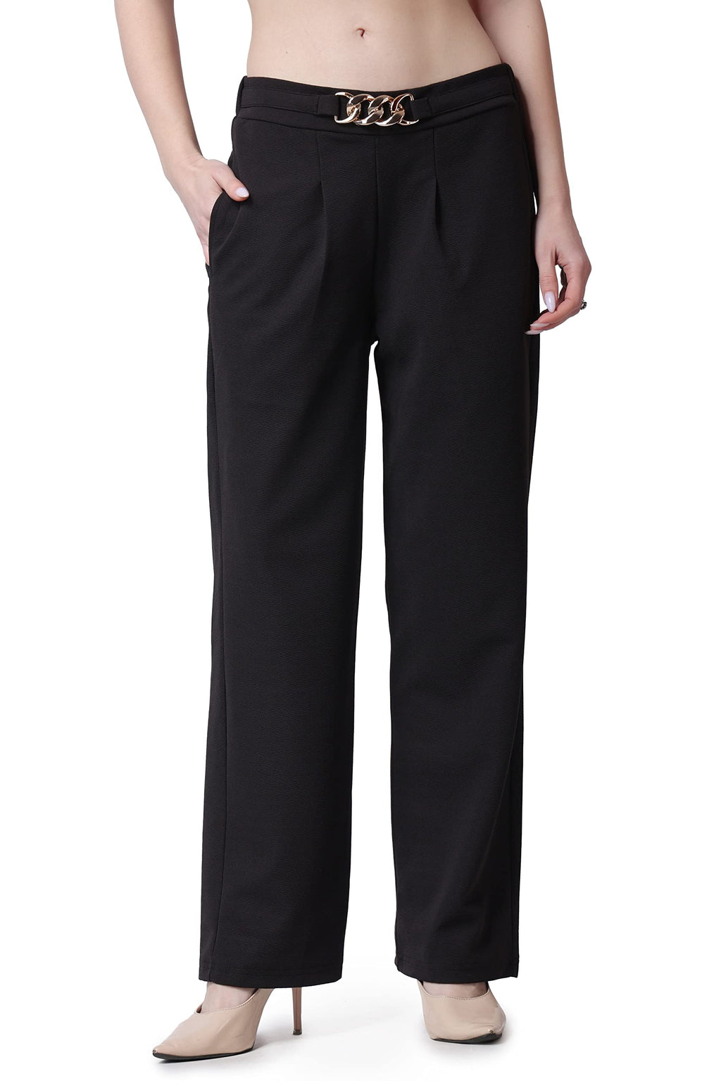POPWINGS Solid Full-Length Pull-On Polyester Regular-Fit Formal Work Trousers for Women Black