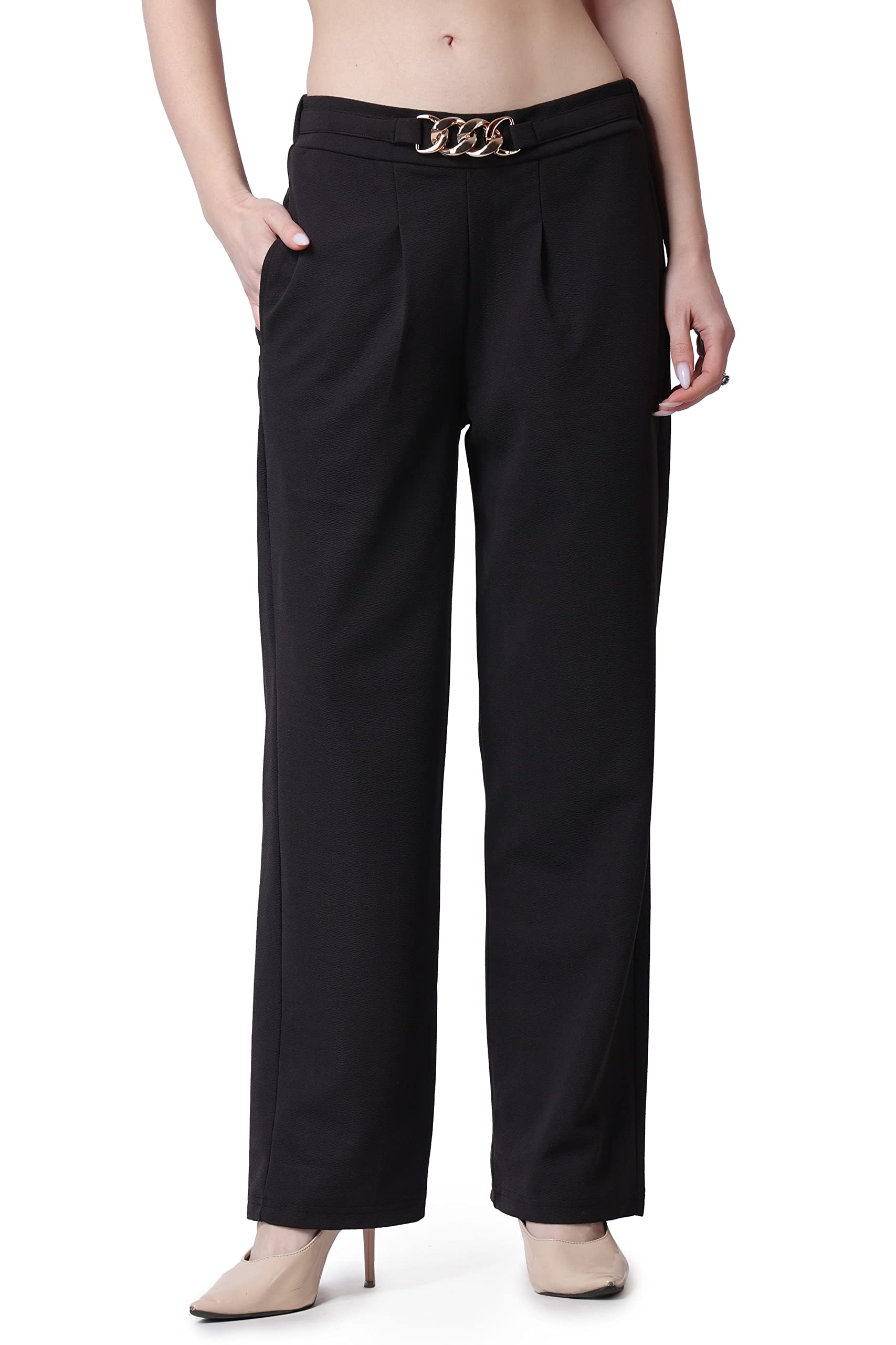 POPWINGS Solid Full-Length Pull-On Polyester Regular-Fit Formal Work Trousers for Women Black