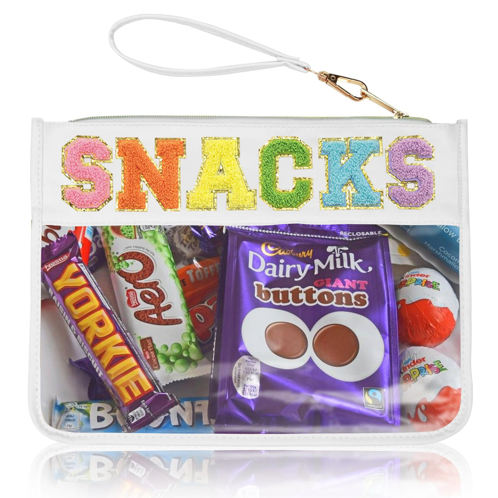 Burskit Snack Bag Clear Chenille Varsity Letter Zipper Pouch for Travel Nylon Clear Cosmetic Bag Makeup Travel Bag for Women (Wh