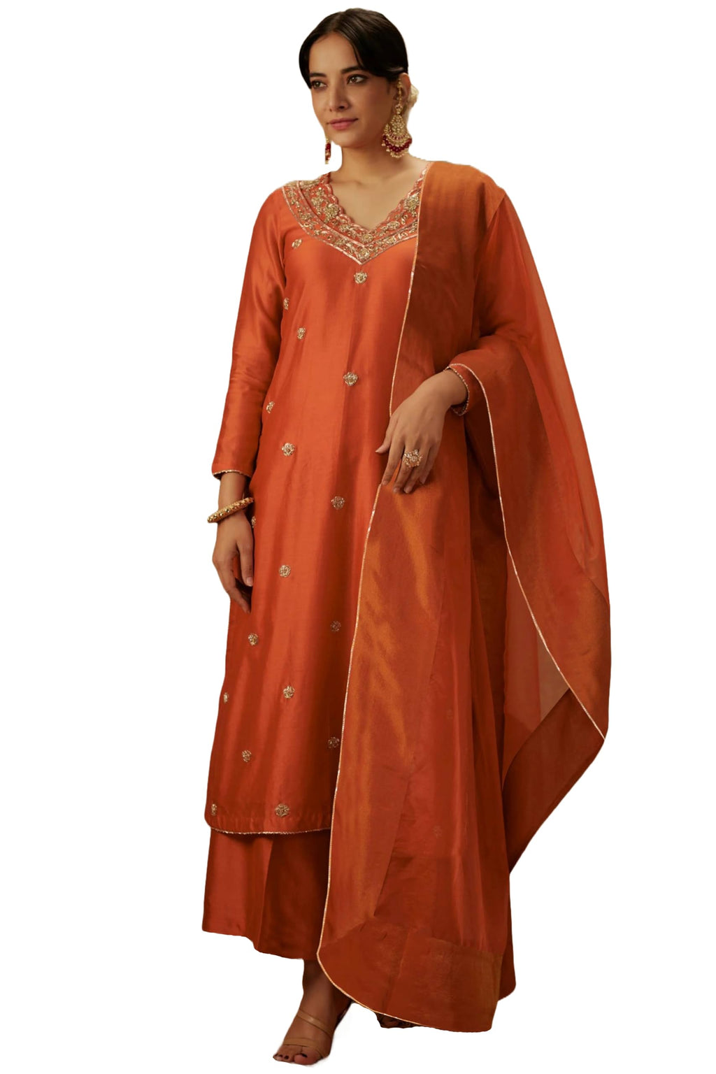 ANNI DESIGNER Womens Rayon Viscose Straight Embroidered Kurta with Pant & Dupatta (CHAHAT Orange_S_Orange_Small)