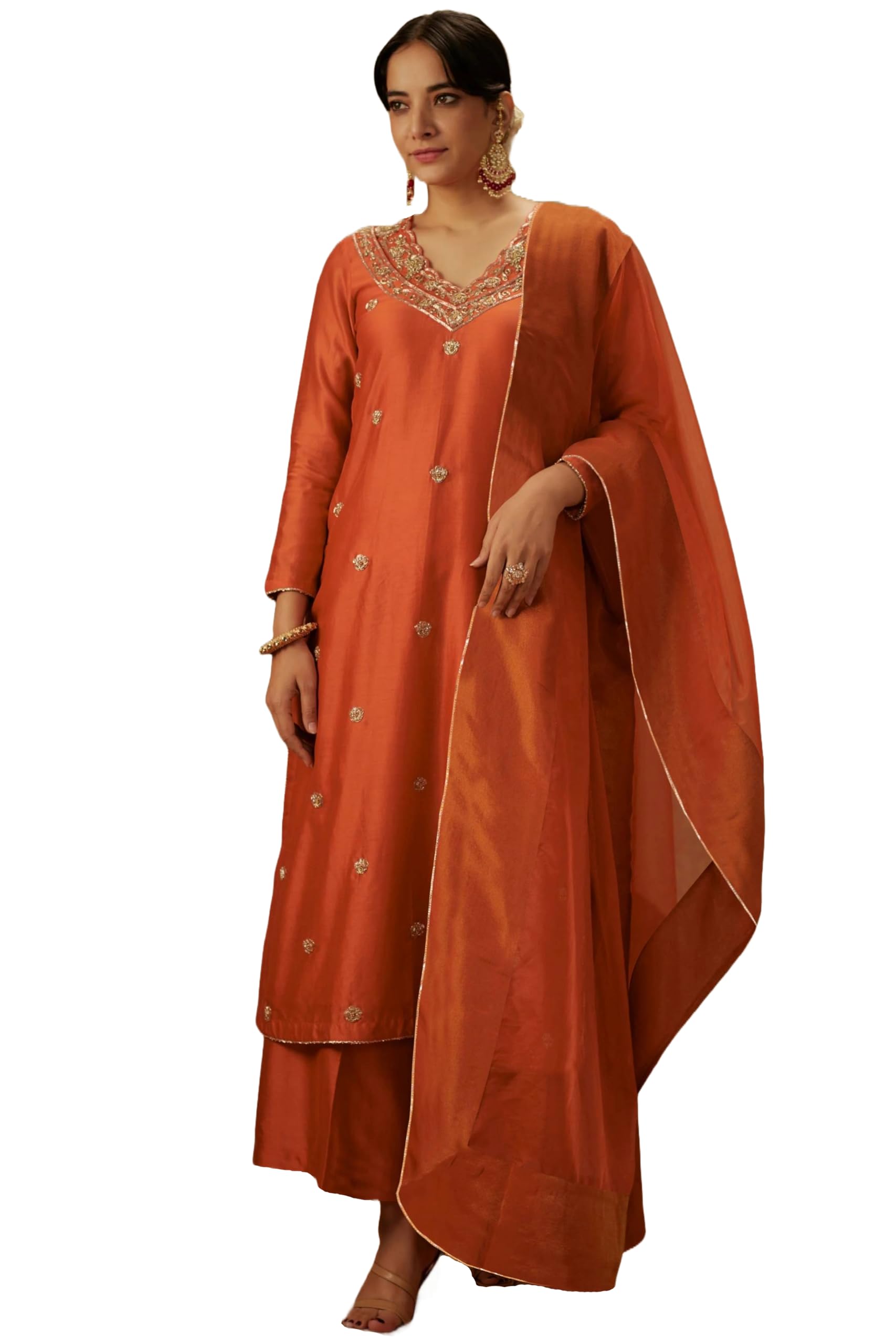ANNI DESIGNER Womens Rayon Viscose Straight Embroidered Kurta with Pant & Dupatta (CHAHAT Orange_S_Orange_Small)