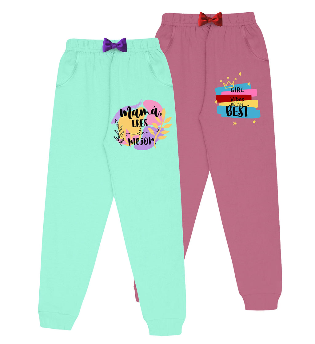 Kyda Kids Girls Regular Fit Cotton Printed Track Pants With Pocket - Multicolor (Pack Of 2) 2 Years-3 Years