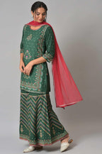 W WomenS Dark Green Floral Printed Kurta Dupatta Bottomwear With Sequins