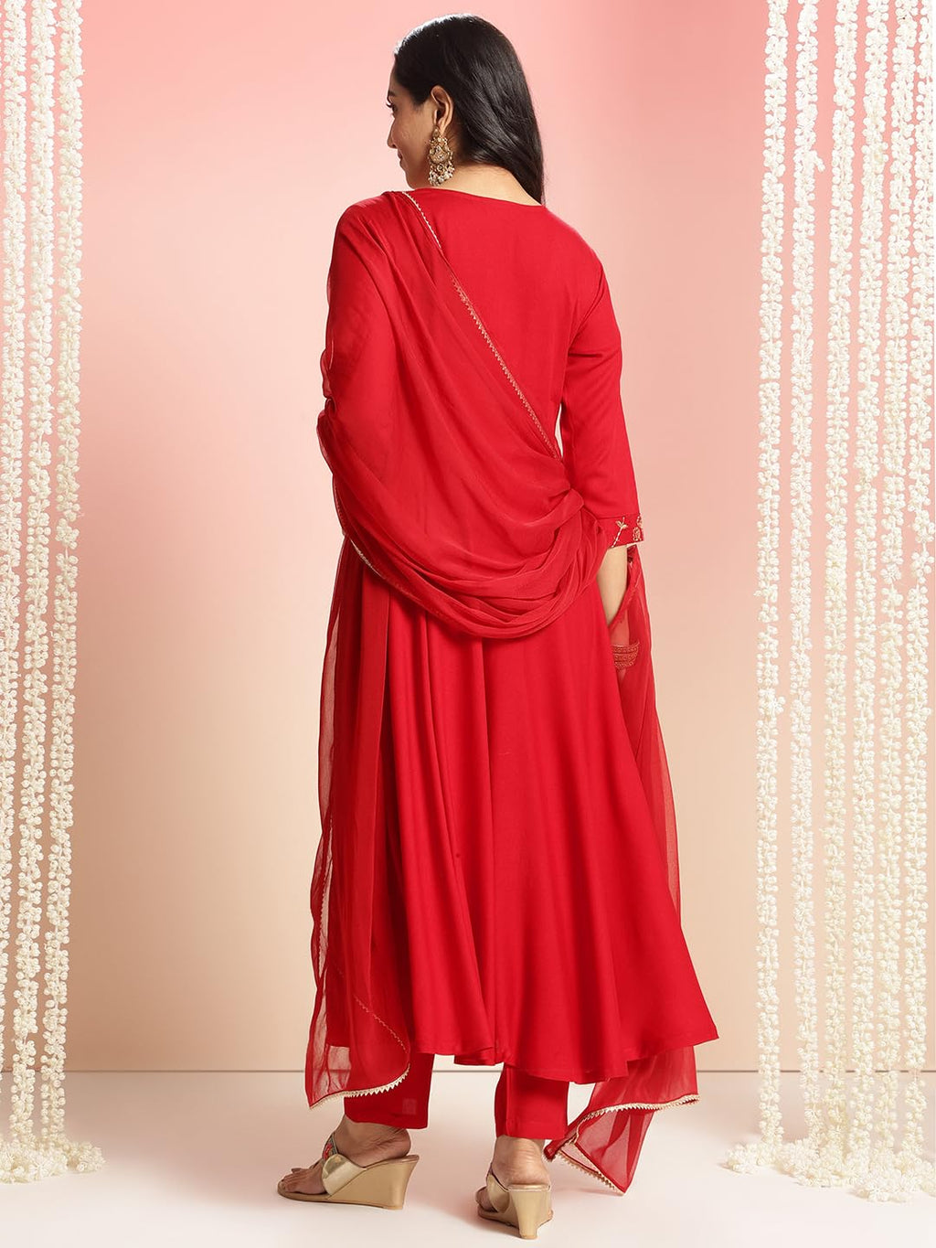 ANNI DESIGNER Womens Rayon Blend Anarkali Embroidered Kurta with Pant & Dupatta (Bobheli Red_XL_Red_X-Large)