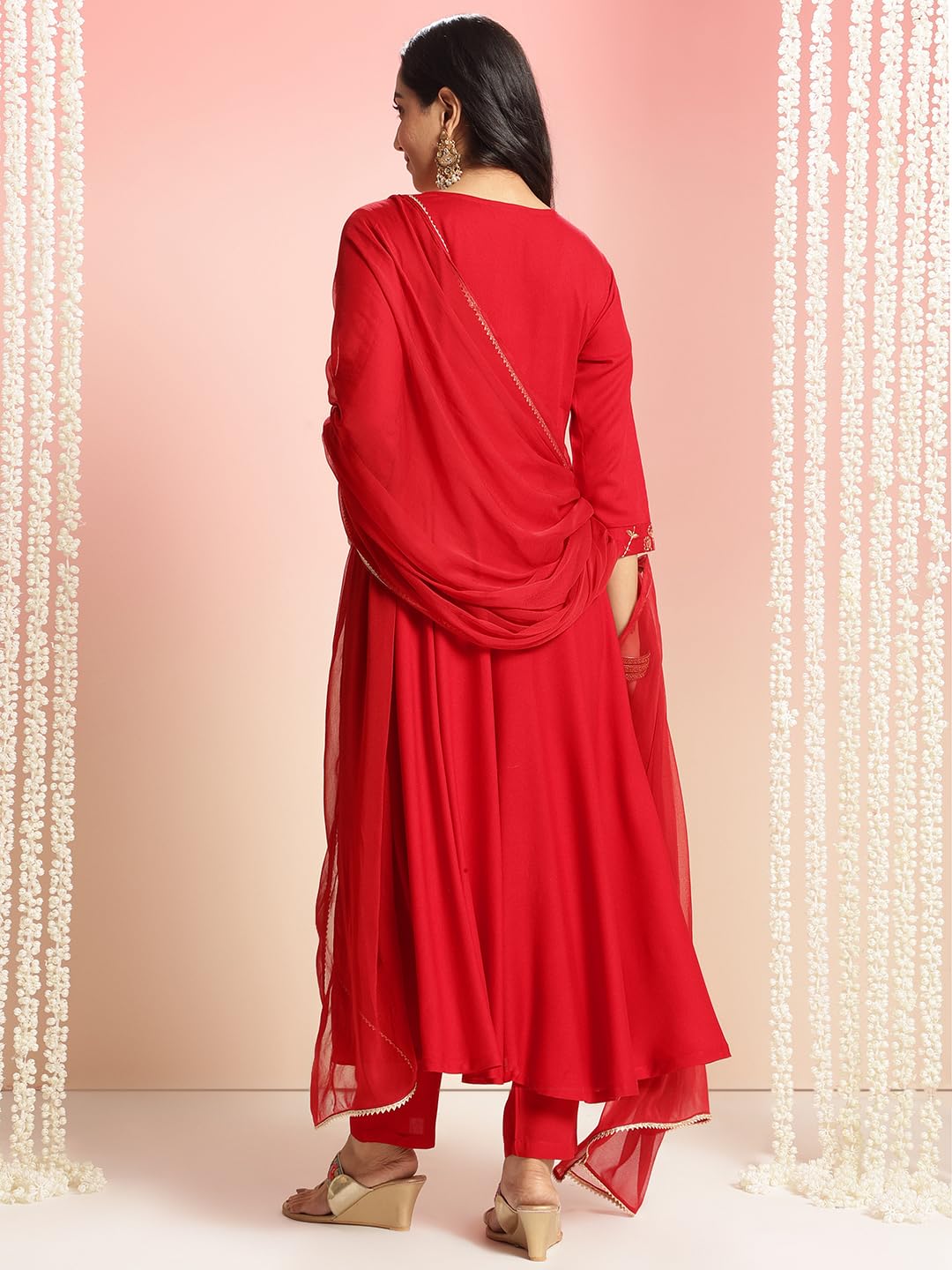 ANNI DESIGNER Womens Rayon Blend Anarkali Embroidered Kurta with Pant & Dupatta (Bobheli Red_XL_Red_X-Large)
