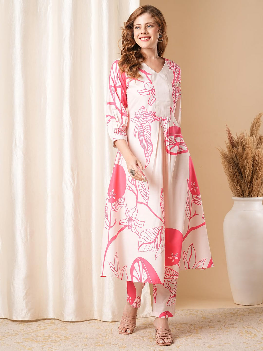 ANNI DESIGNER Ladies Cotton Blend Printed Kurta With Co-Ord Pants Set, pink, S