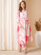 ANNI DESIGNER Ladies Cotton Blend Printed Kurta With Co-Ord Pants Set, pink, S