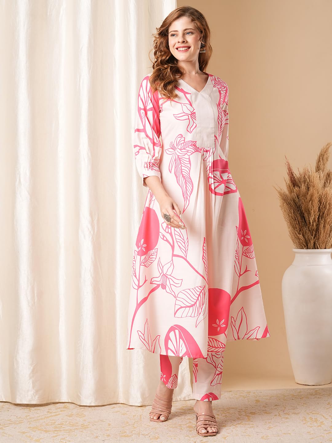 ANNI DESIGNER Ladies Cotton Blend Printed Kurta With Co-Ord Pants Set, pink, S