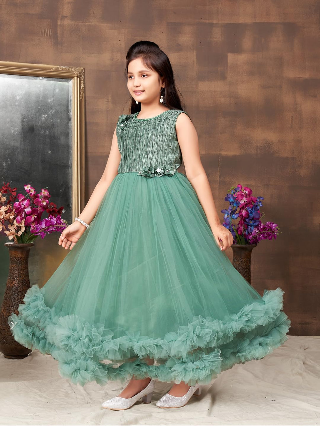 Aarika Girls Green Colour Emballished Beads Net Gown (4-11 Years)