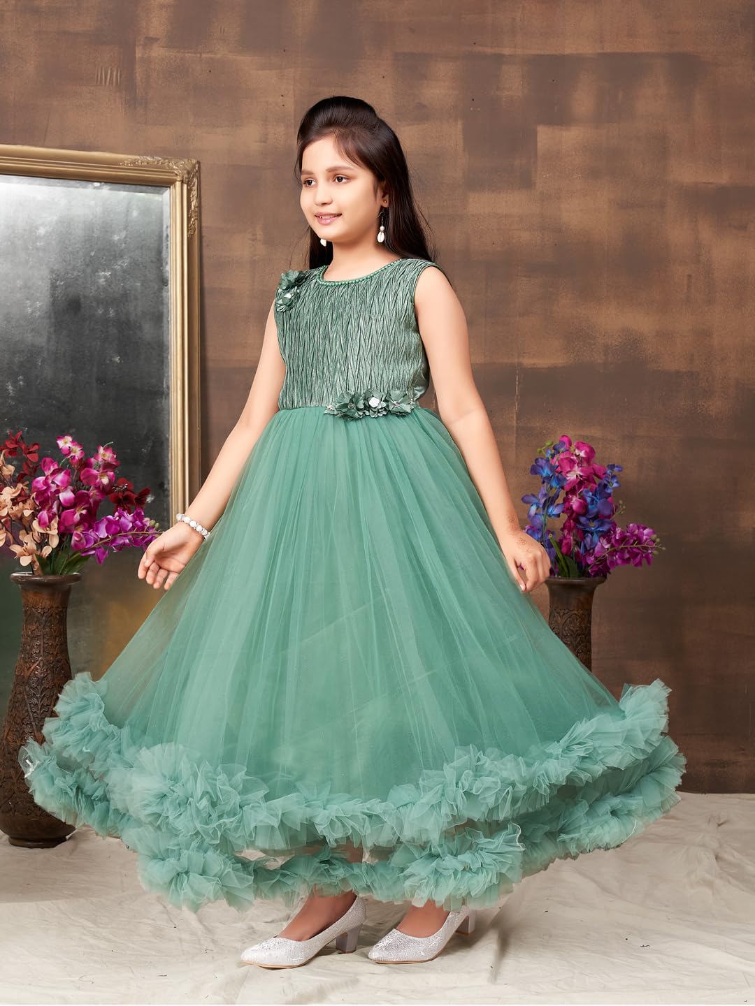Aarika Girls Green Colour Emballished Beads Net Gown (4-11 Years)