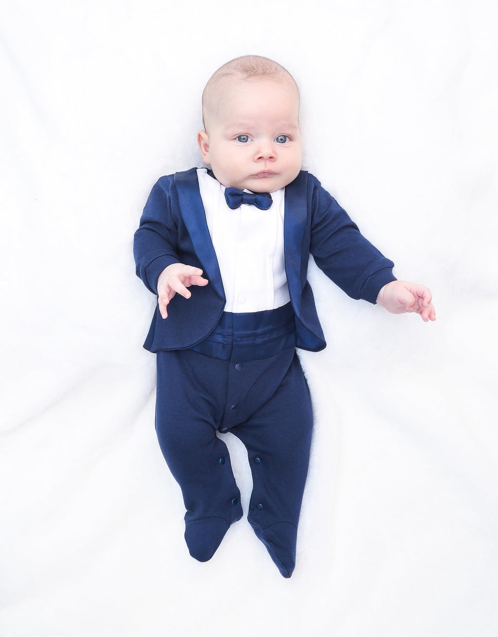 Lilax Baby Boy Gentleman Tuxedo Footie Christmas Holiday Outfit with Bow Tie Newborn Navy