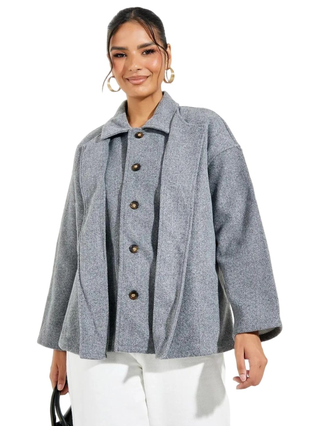 Women Grey Oversize Fit Long Length Mock Double Layer Jacket (Grey_XXL) 2