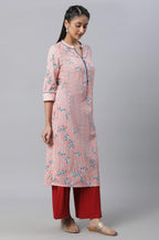 Aurelia Peach Floral Printed Printed Cotton Straight Long Kurta